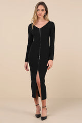 Snuggly Sweetness Black Ribbed Zip-Front Sweater Midi Dress