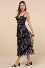 Alluring Invite Purple Multi Floral Pleated Bustier Midi Dress