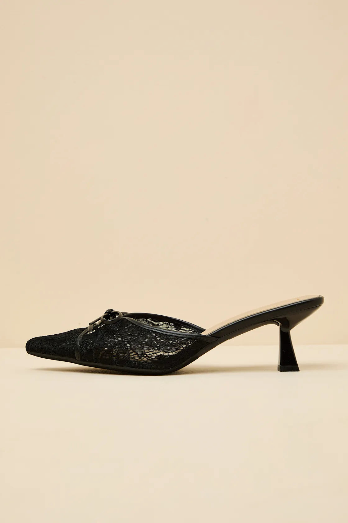 Lacey Black Lace Bow Kitten Heel Mule Pumps