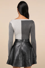 Mod Cutie Burgundy Color Block Ribbed Long Sleeve Bodysuit