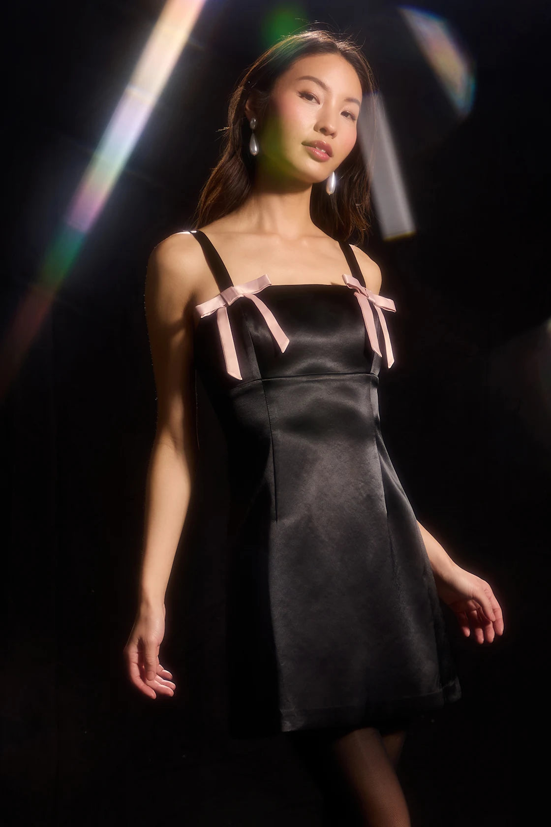 Yesemia Black Satin Bow Skater Mini Dress