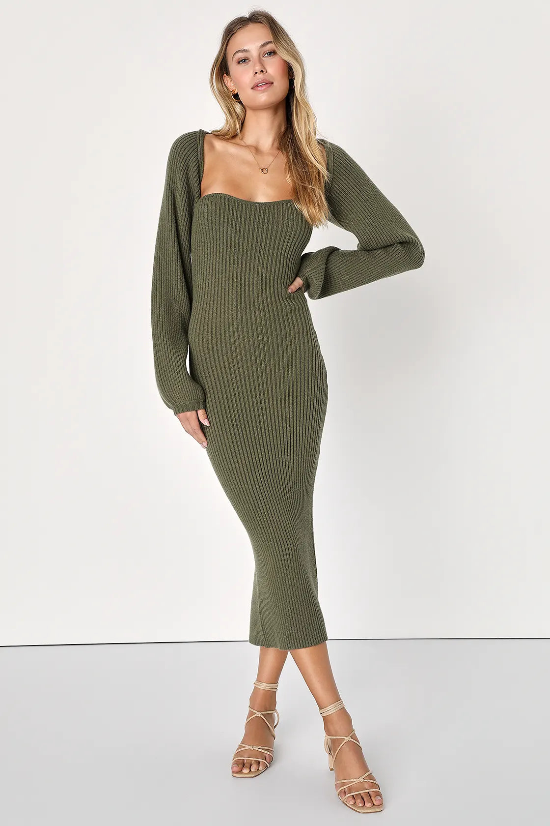 Autumn Aura Olive Green Ribbed Two-Piece Sweater Dress