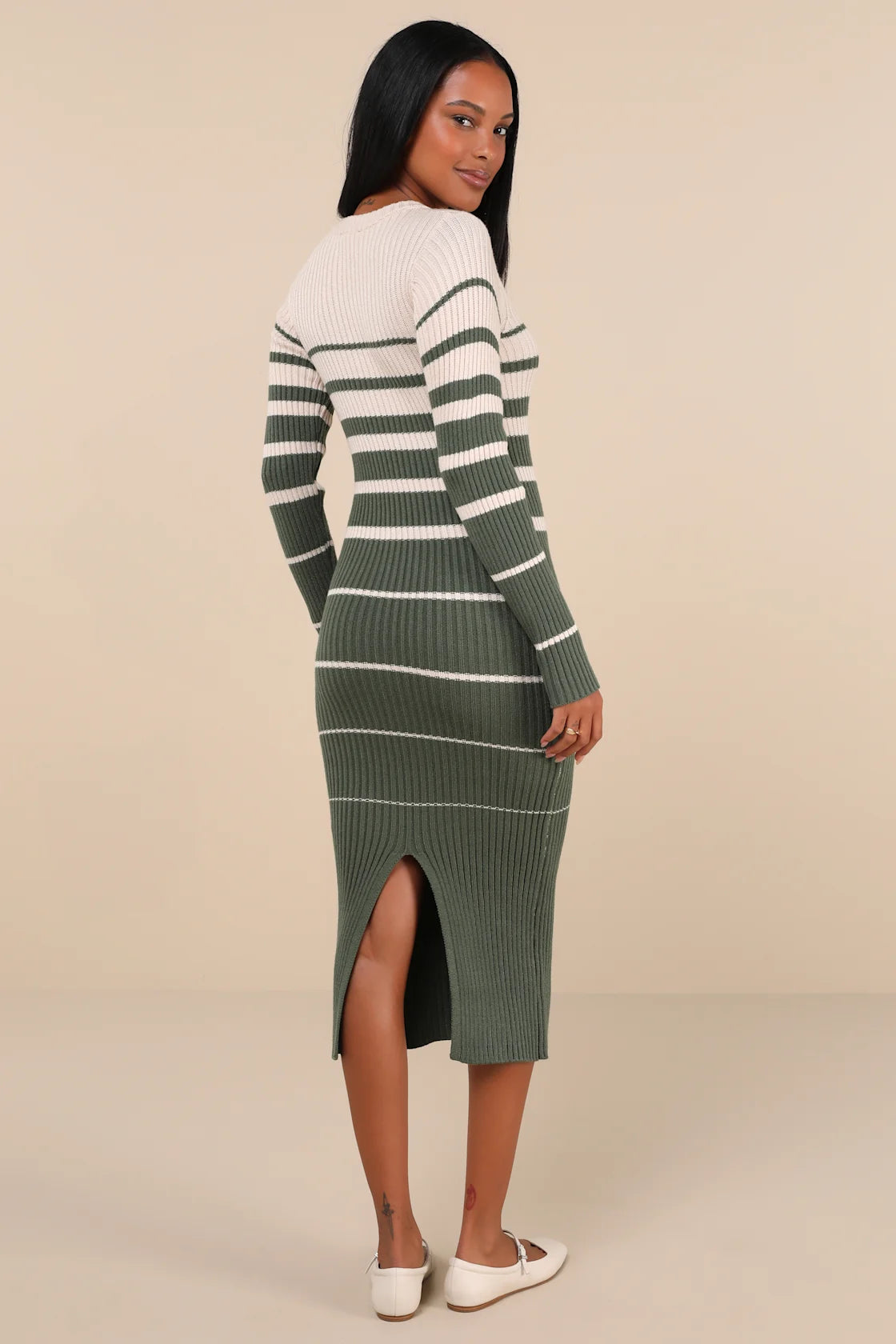 Seasonal Status Green and Cream Striped Midi Sweater Dress