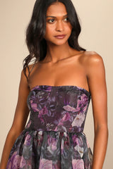 Wonderful Waltz Green Floral Print Strapless Bustier Maxi Dress