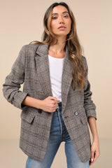Seasoned Chicness Brown Plaid Tweed Oversized Blazer