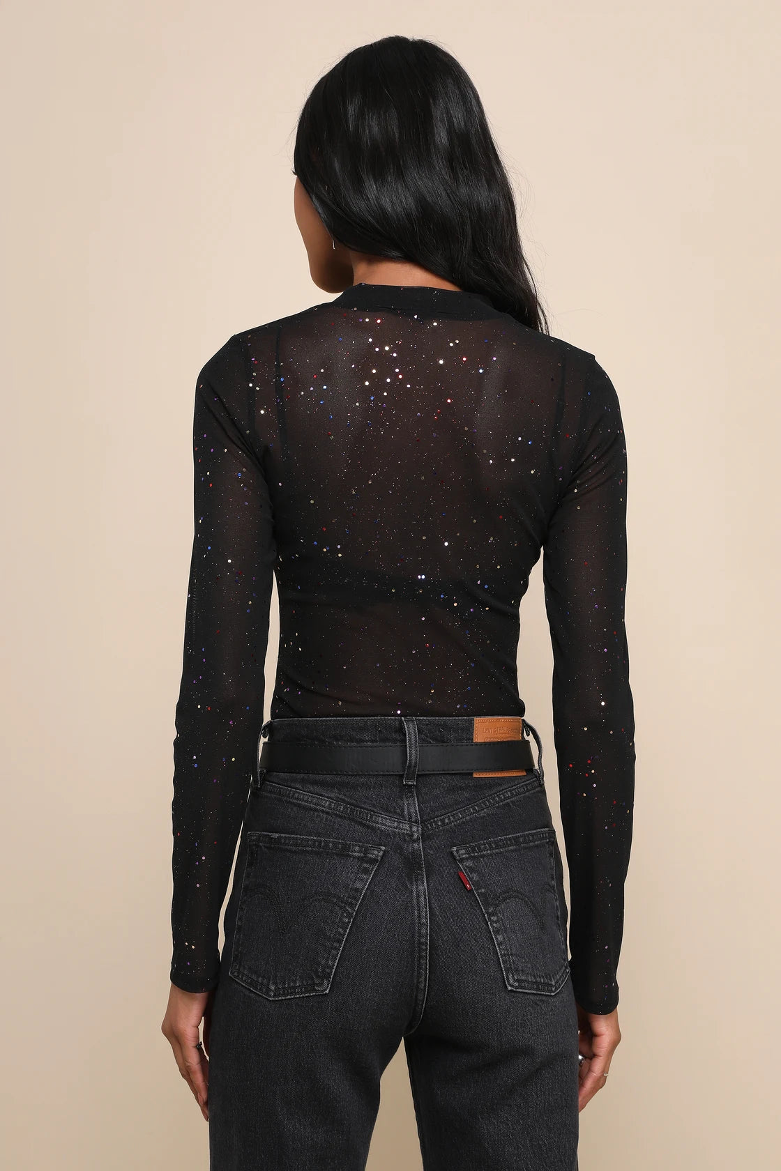 Strike an Attitude Black Mesh Multi Embellished Mesh Bodysuit