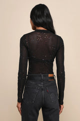 Strike an Attitude Black Mesh Multi Embellished Mesh Bodysuit
