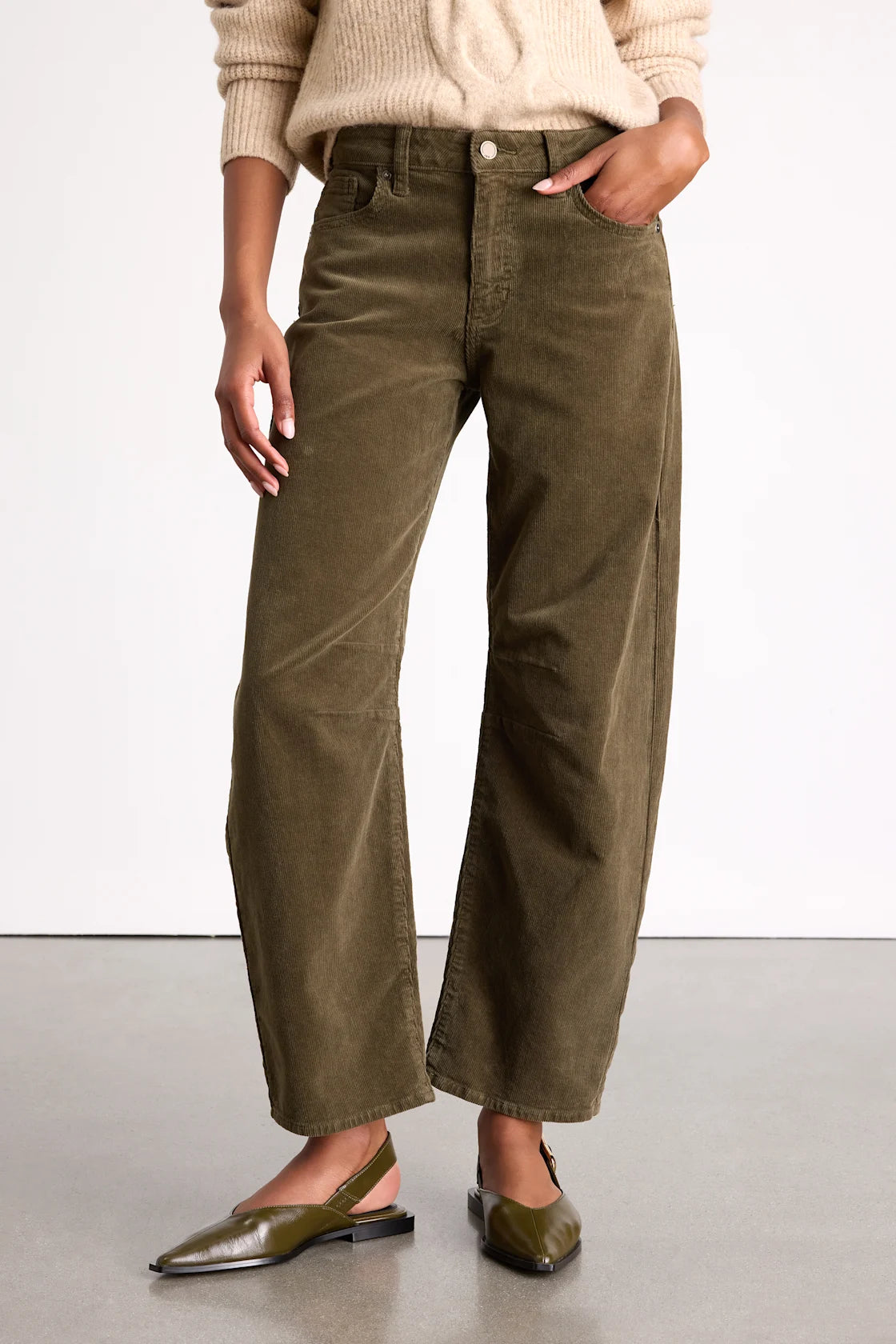 Darian Dark Olive Corduroy Low-Rise Barrel Pants