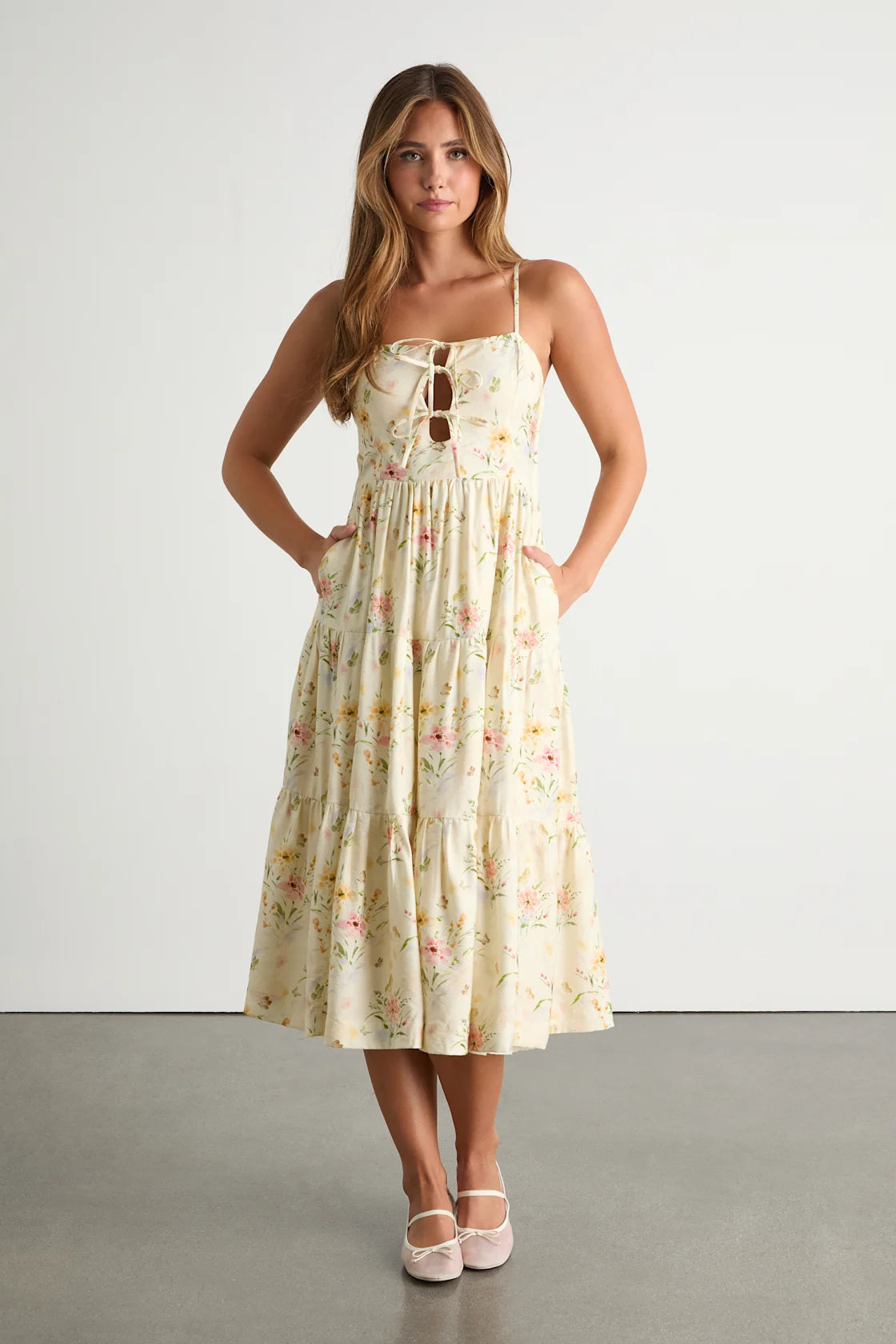 Nattie Pale Yellow Floral Tie-Front Tiered Midi Dress