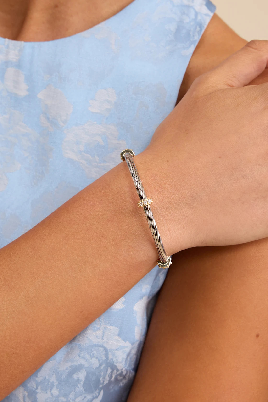 Avira Silver and Gold Twisted Rhinestone Bangle Bracelet