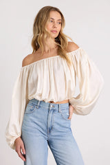 Jordana Tan Satin Off-the-Shoulder Crop Top