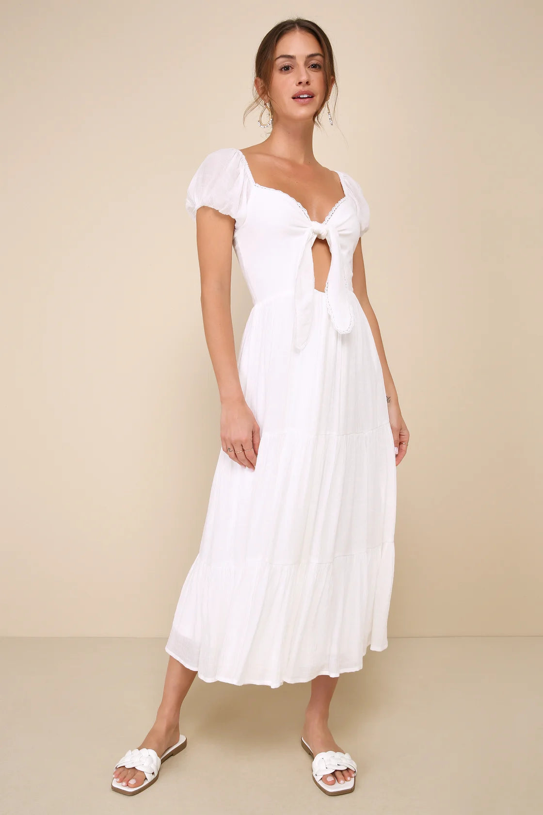 Darling Concept White Tiered Tie-Front Puff Sleeve Midi Dress