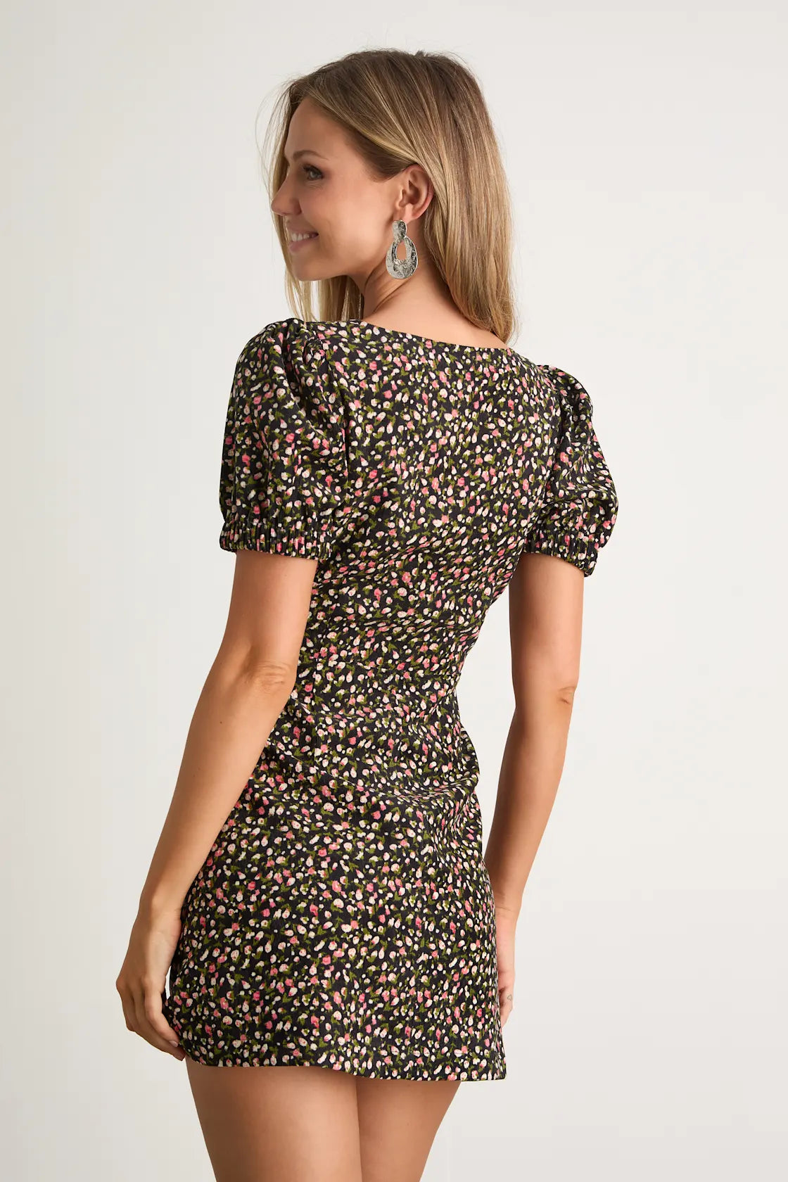 Adored Cutie Brown Floral Corduroy Button-Front Mini Dress