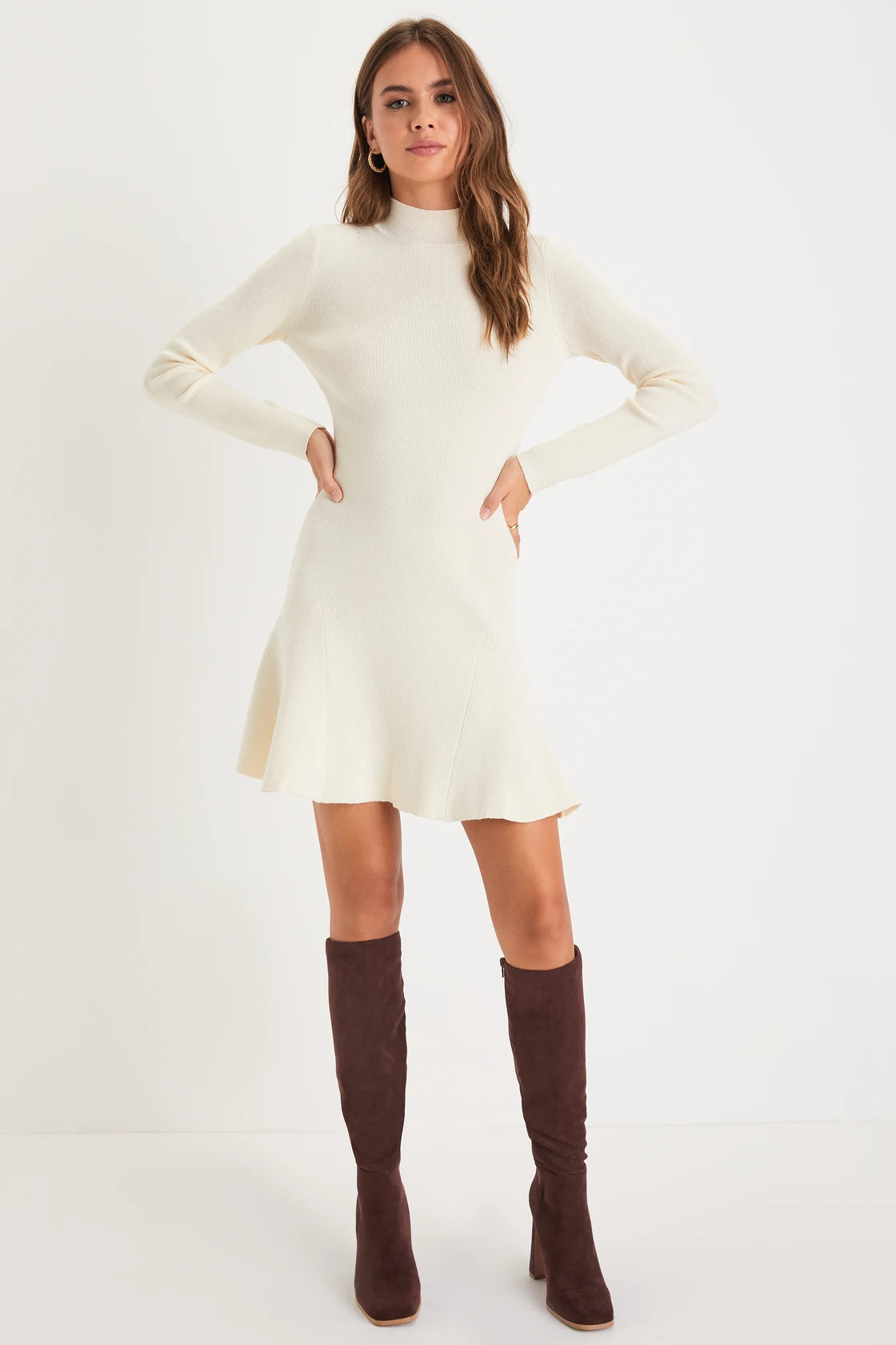 Adorable Intentions Ivory Mock Neck A-Line Mini Sweater Dress