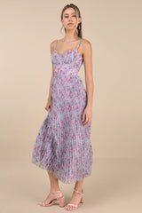 Alluring Invite Purple Multi Floral Pleated Bustier Midi Dress