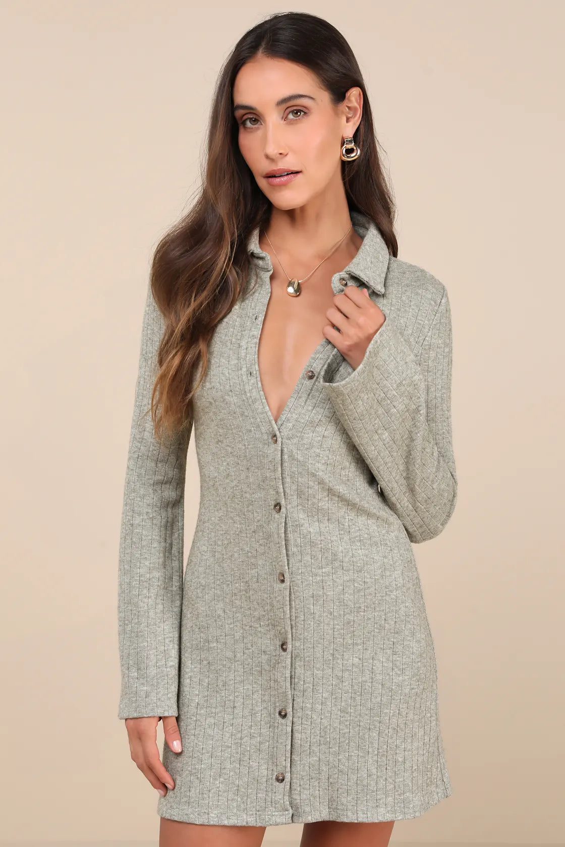 Cuddly Sweetness Heather Green Button-Front Sweater Mini Dress