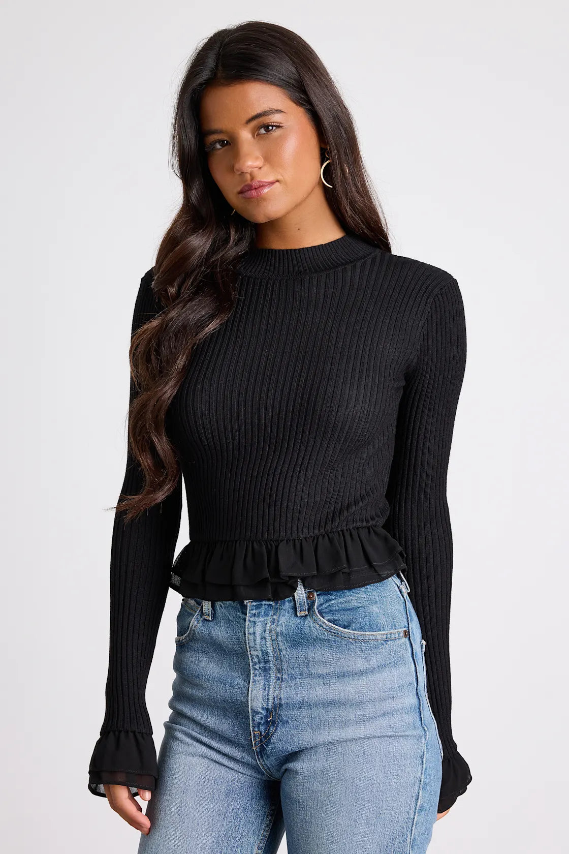 Avila Black Ribbed Knit Ruffled Sweater Top