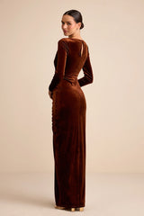 Yasna Brown Velvet Ruched Surplice Long Sleeve Maxi Dress