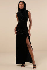 Alluring Image Rust Red Ruched Velvet Mock Neck Maxi Dress