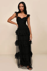 Pure Radiance Black Mesh Swiss Dot Tiered Maxi Dress