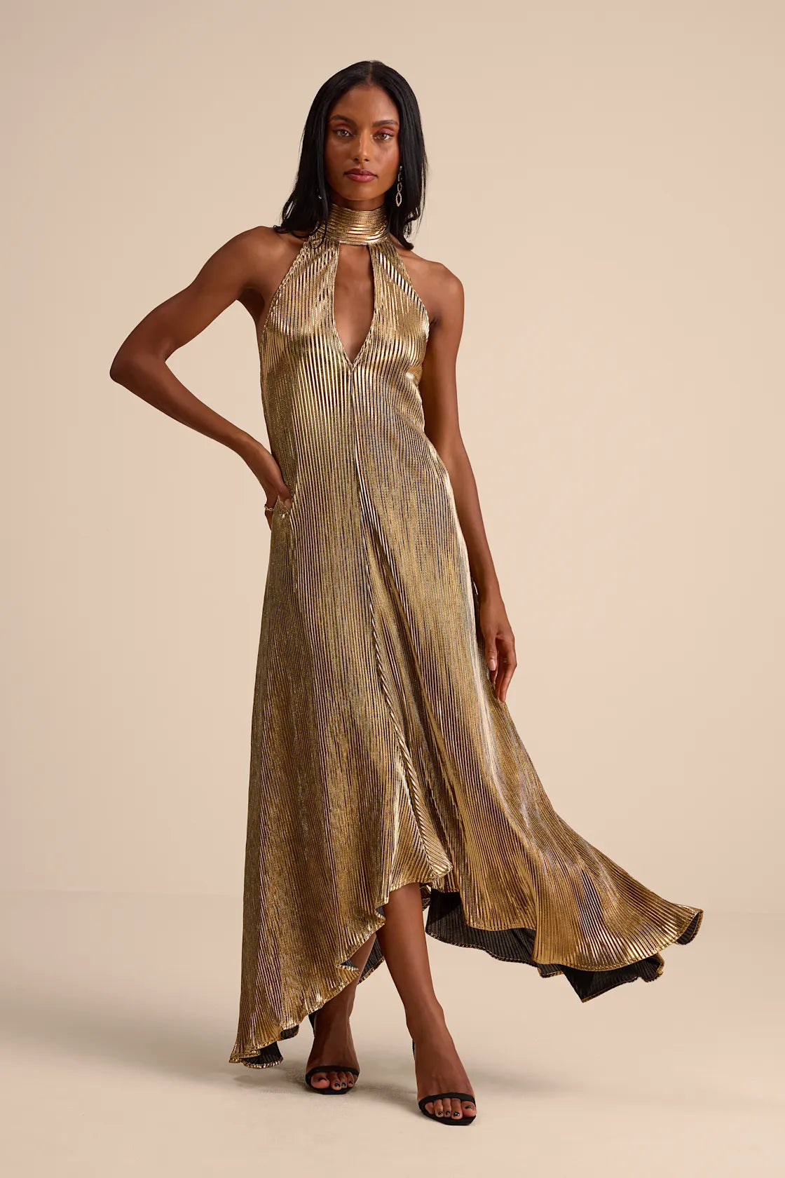 Verlice Metallic Gold Plisse Pleated Cutout Maxi Dress