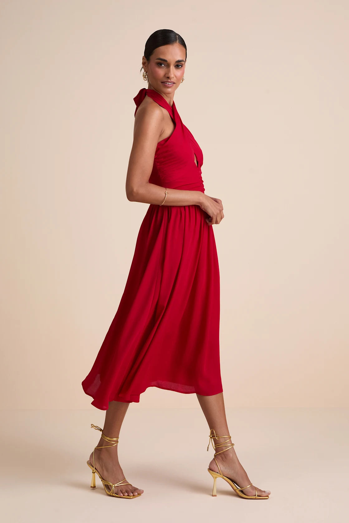 Emrah Red Cross-Front Cutout Halter Midi Dress