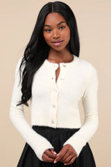 Cozy Sweetness Ivory Eyelash Knit Cropped Cardigan