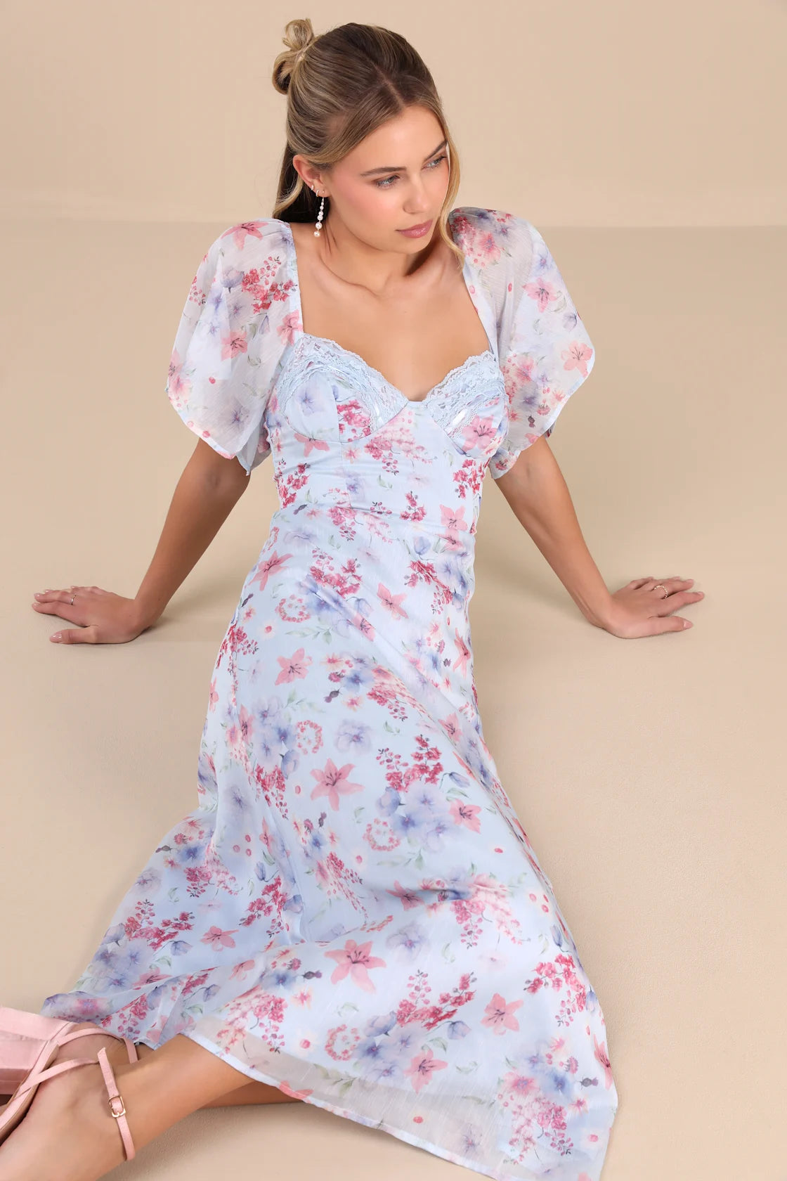 Valla Light Blue Floral Flutter Sleeve Midi Dress