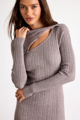 Mattea Grey Ribbed Cutout Long Sleeve Sweater Midi Dress