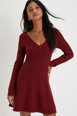 Sweetly Seasonal Beige Cable Knit Sweater Mini Dress