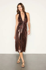 Lionette Dark Bronze Metallic Twist-Front Midi Dress