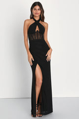 Never-Ending Glamour Black Mesh Cross-Front Halter Maxi Dress