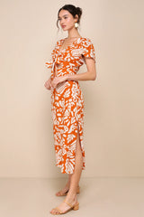 Energetic Charm Rust Orange Abstract Tie-Front Midi Dress