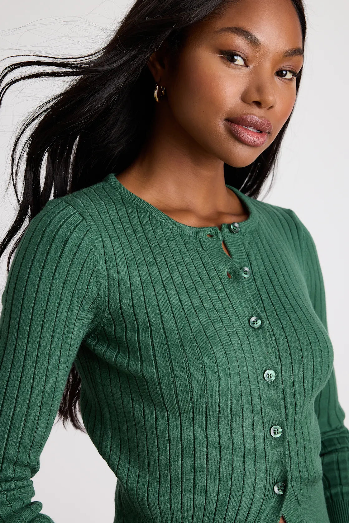 Perfect Classic Dark Green Ribbed Knit Cardigan Sweater