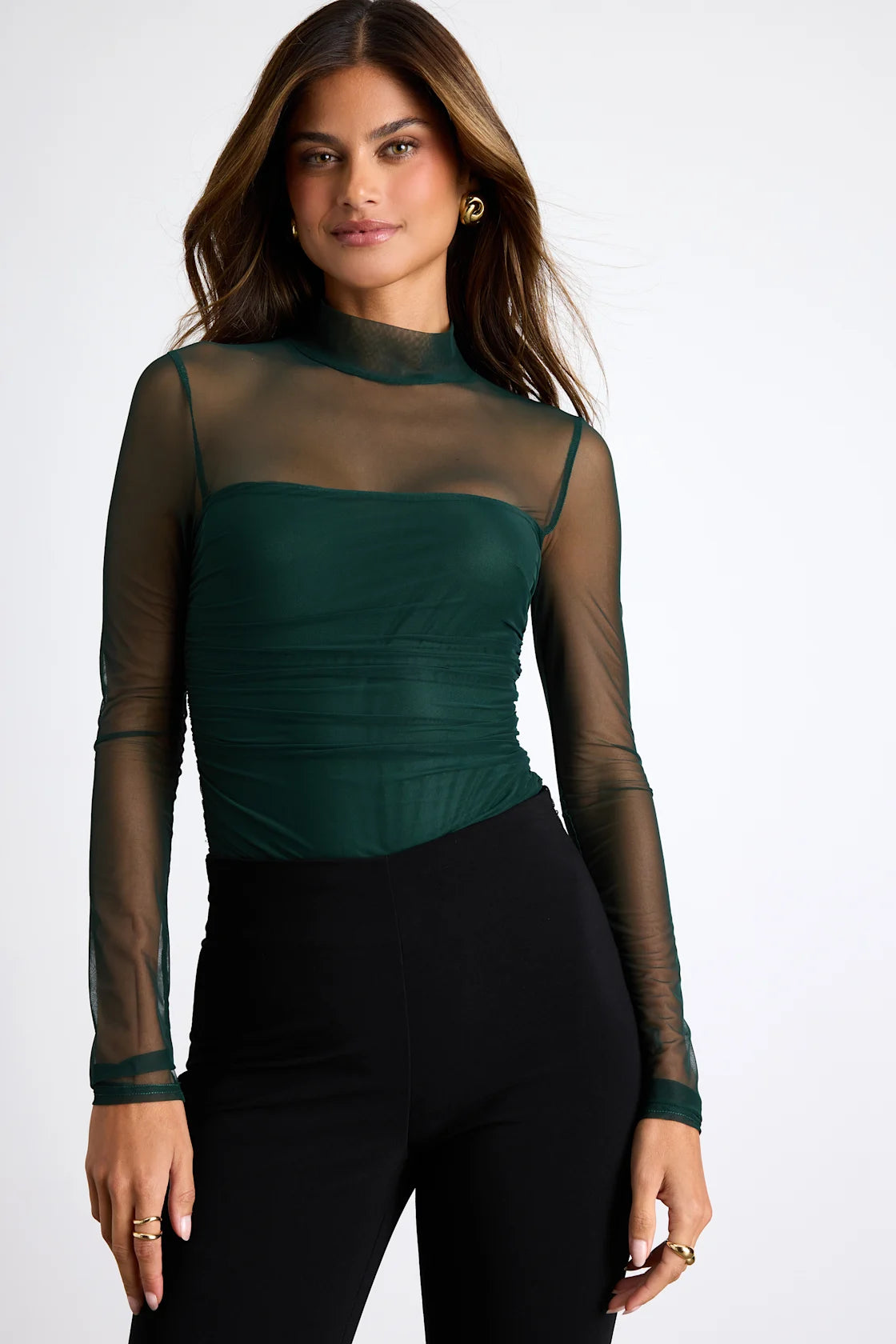 Clearly Alluring Black Mesh Long Sleeve Mock Neck Bodysuit