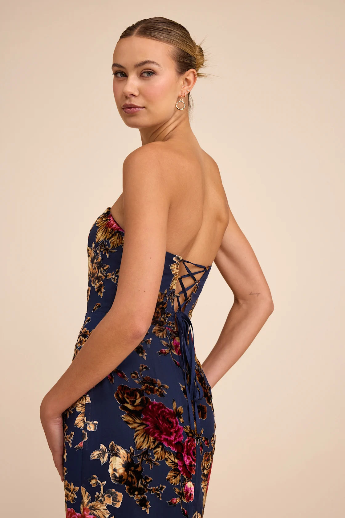 Anoah Navy Floral Velvet Burnout Strapless Maxi Dress