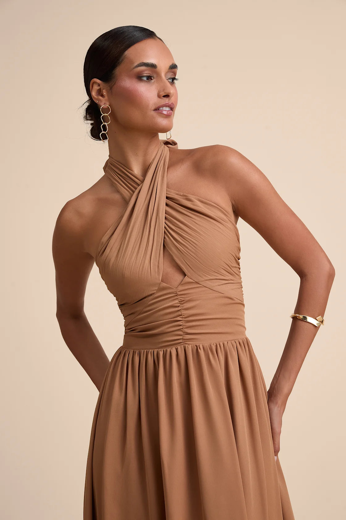 Emrah Red Cross-Front Cutout Halter Midi Dress