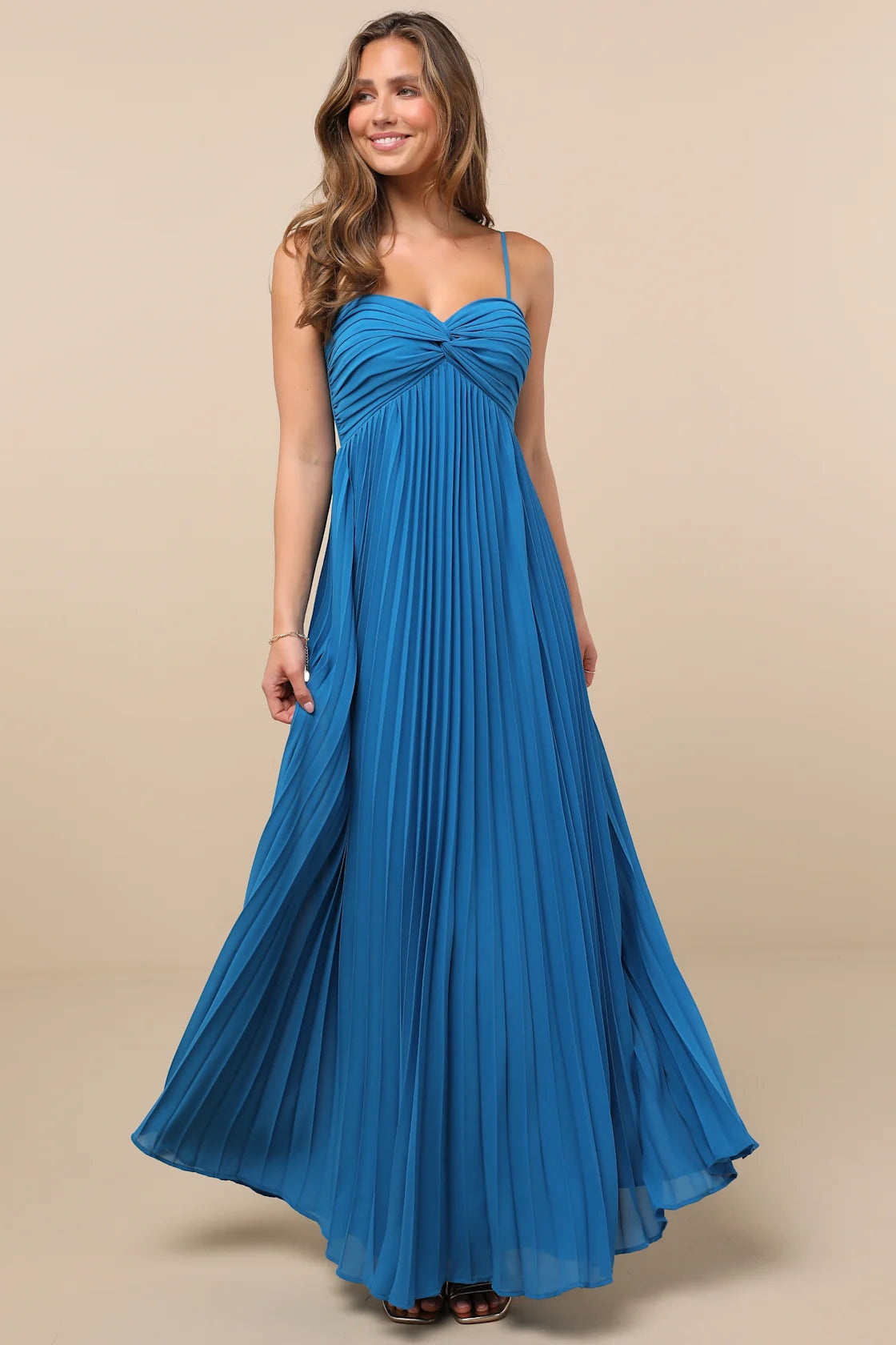 Jolette Blue Pleated Knot-Front Maxi Dress