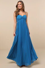 Jolette Blue Pleated Knot-Front Maxi Dress