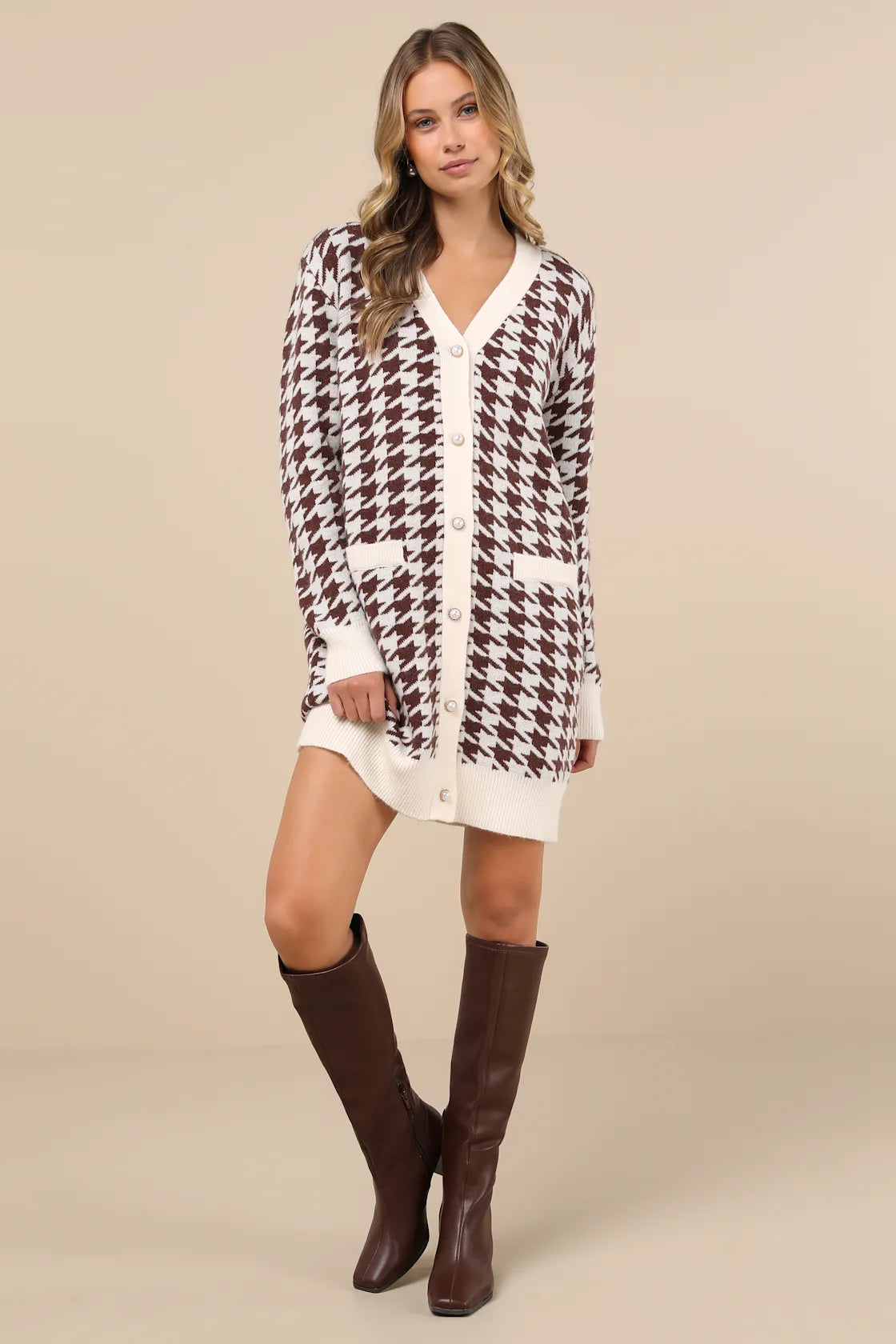 Truly Iconic Ivory and Brown Houndstooth Cardigan Sweater