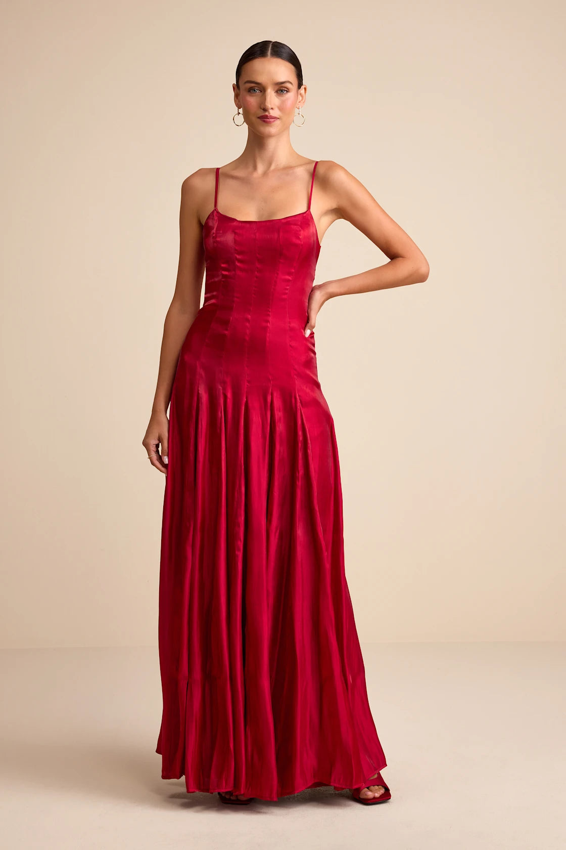 Zeline Berry Red Organza Pleated Drop Waist Maxi Dress