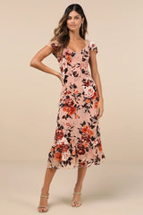 Composed Beauty Blush Pink Burnout Velvet Floral Midi Dress