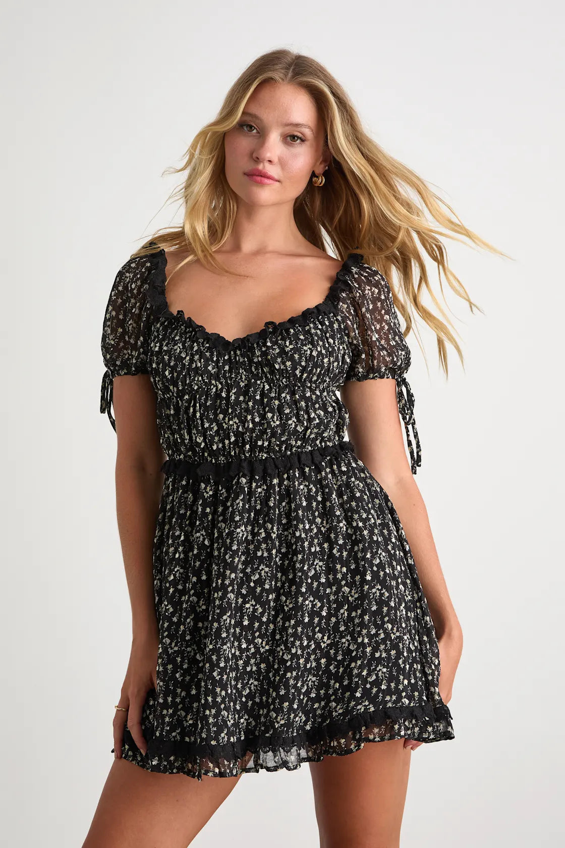 Adoring Moment Black Floral Lace Ruffled Puff Sleeve Mini Dress