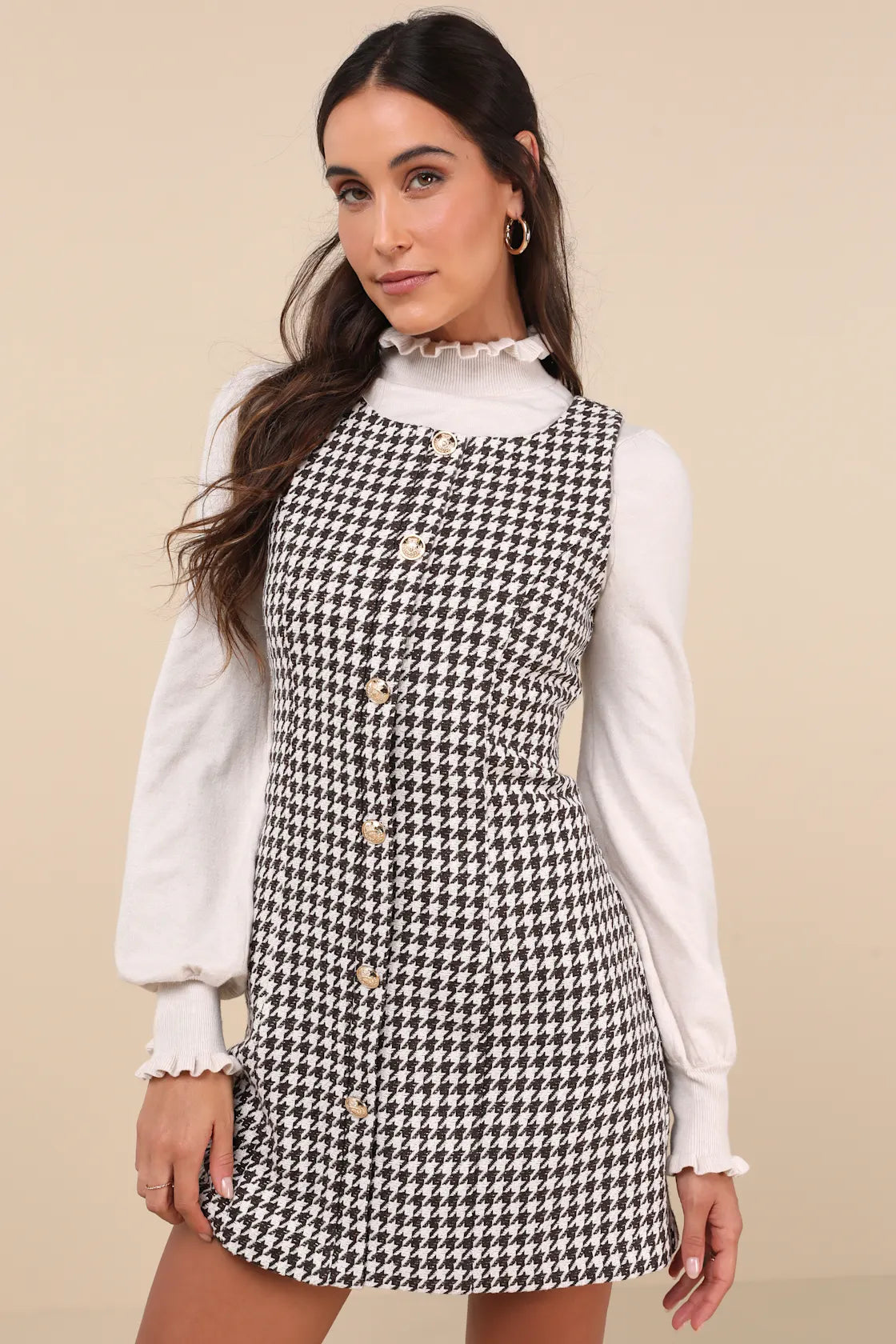 Coveted Poise Brown Houndstooth Button-Front Shift Mini Dress
