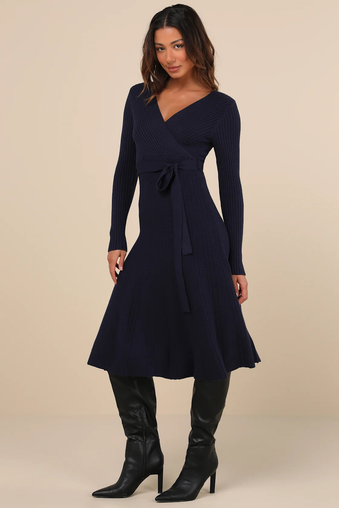 Warm Emotions Navy Blue Skater Midi Sweater Dress