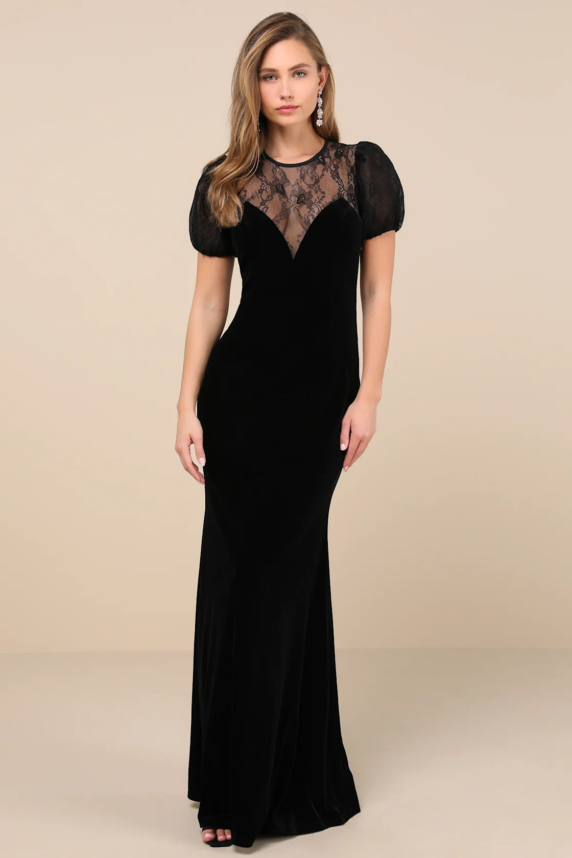 Alluring Event Black Velvet Lace Puff Sleeve Maxi Dress