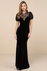 Alluring Event Black Velvet Lace Puff Sleeve Maxi Dress