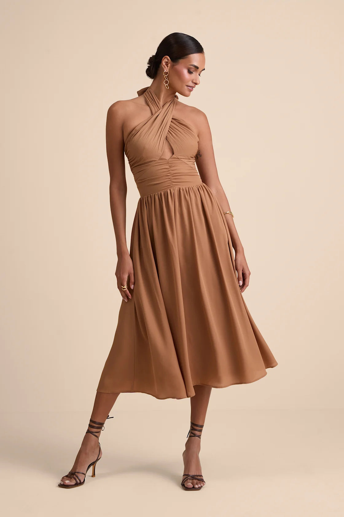 Emrah Red Cross-Front Cutout Halter Midi Dress