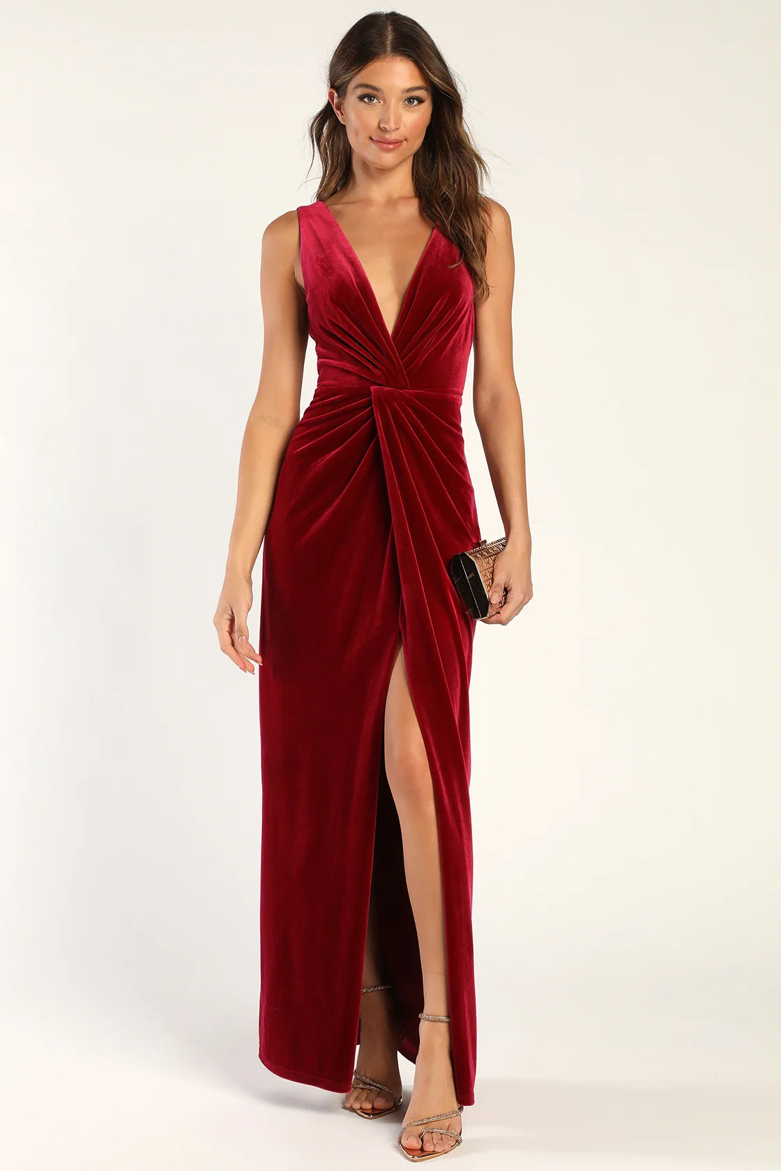 Beautiful Evenings Wine Red Velvet Twist-Front Maxi Dress