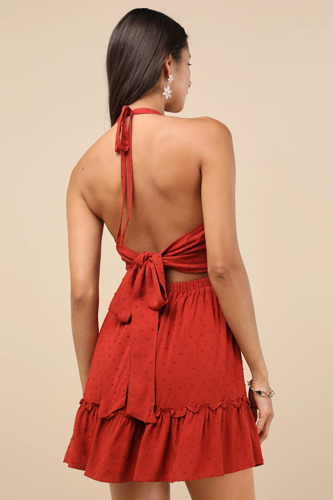 Zahia Rust Red Swiss Dot Ruffled Halter Mini Dress